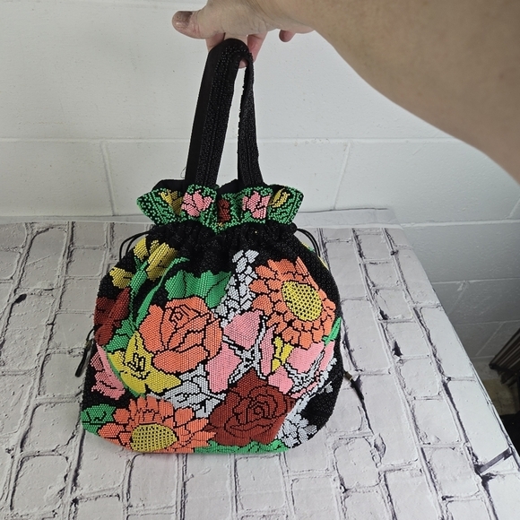 Vtg  60s neon plastic beaded floral drawstring hippie ethnic boho festival purse - Picture 4 of 10
